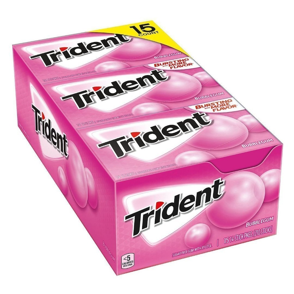 Chiclets Trident Sabor Bubblegum Sin Azúcar, 15 Pack / 210 Total