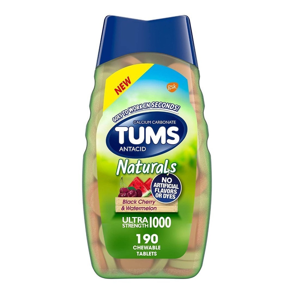 TUMS Antiácidos Masticables 1000mg Cereza Negra y Patilla, 190 Tabletas