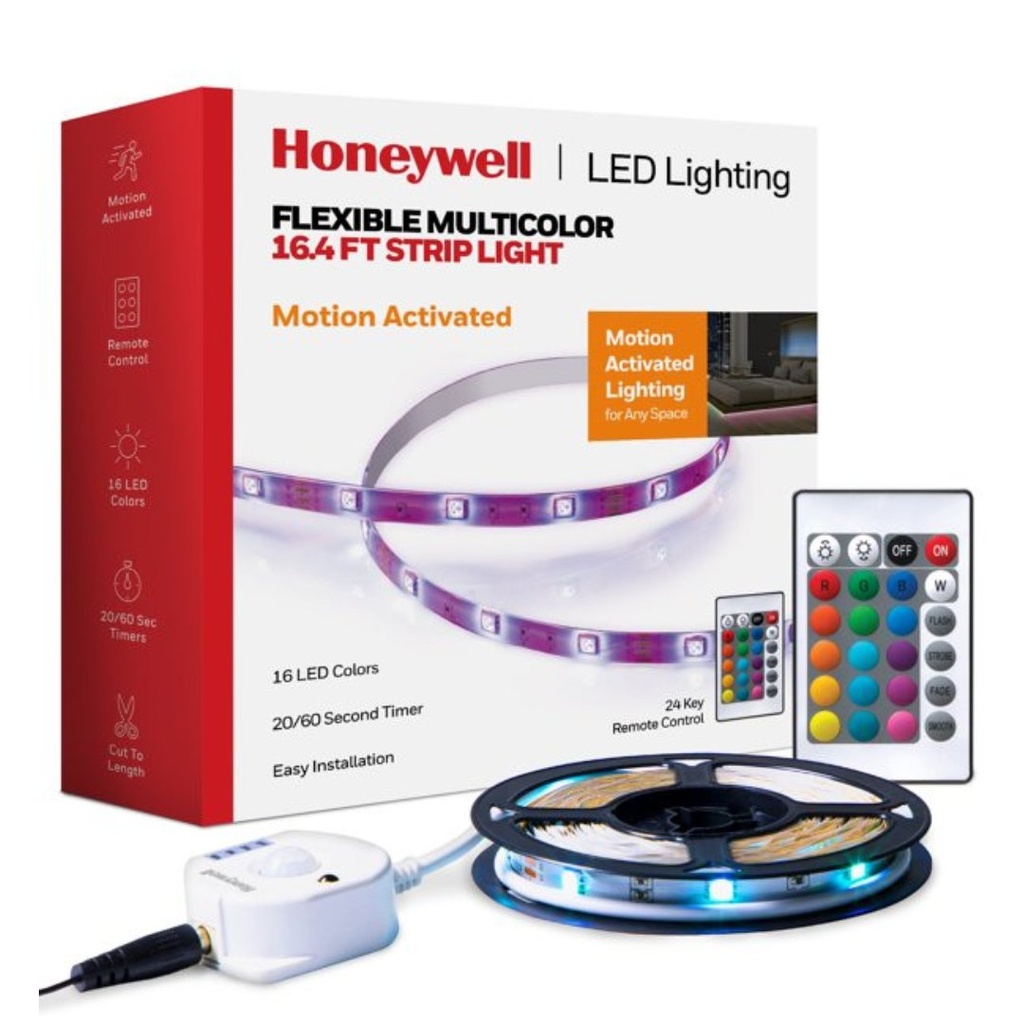 Tira De Luces LED RGB Multicolor Activada Por movimiento Con Control Remoto, Honeywell - Adaptador De Corriente - 16.4 pies/5 m