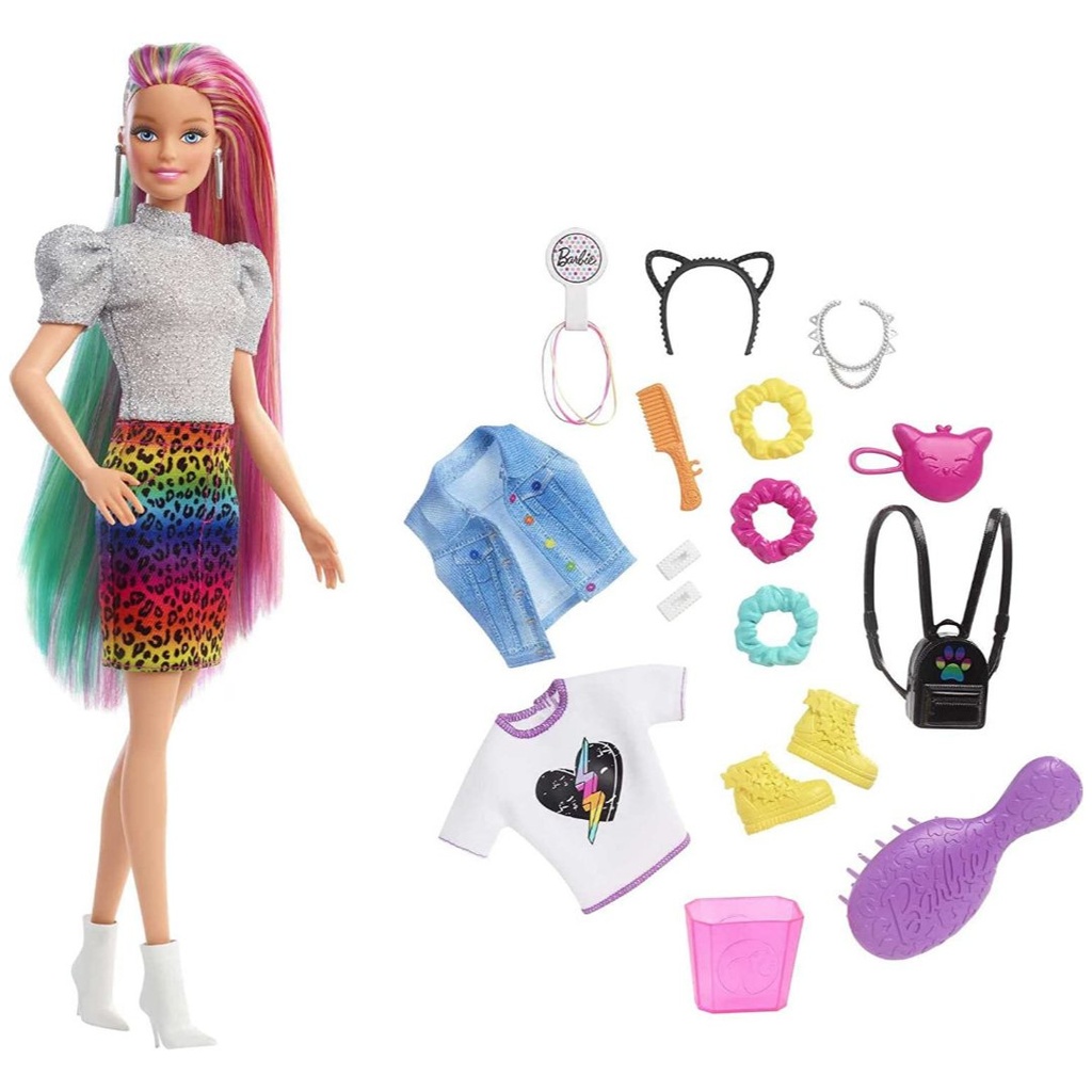 Barbie Muñeca De Cabello Leopardo Arcoíris / 14 Accesorios / 3+ Años