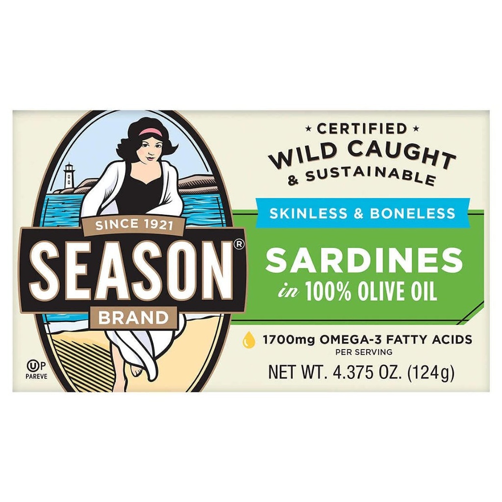 Season Brand Sardinas En Lata En 100% Aceite De Oliva Sin Piel y Sin Huesos / 6 Pack / 124g