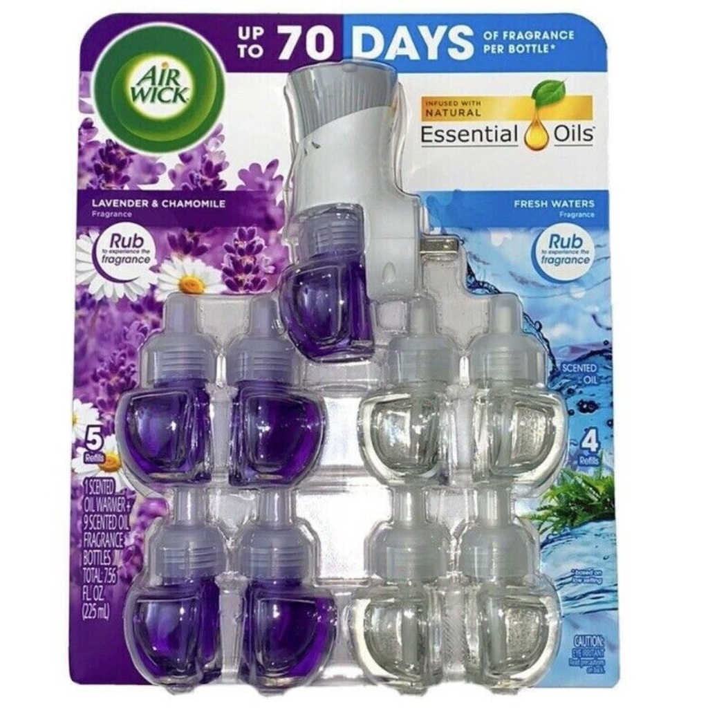 Aromatizante Eléctrico De Pared - Lavanda y Manzanilla &amp; Fresh Waters / 9 Pack / 1 Difusor De Enchufe / 225 mL