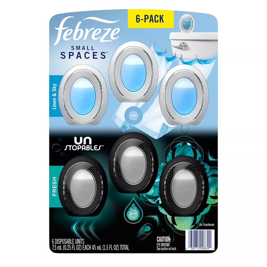 Ambientador De Espacios Pequeños - Febreze Linen &amp; Sky / Unstopables Fresh / 6 Pack / 7.5 mL