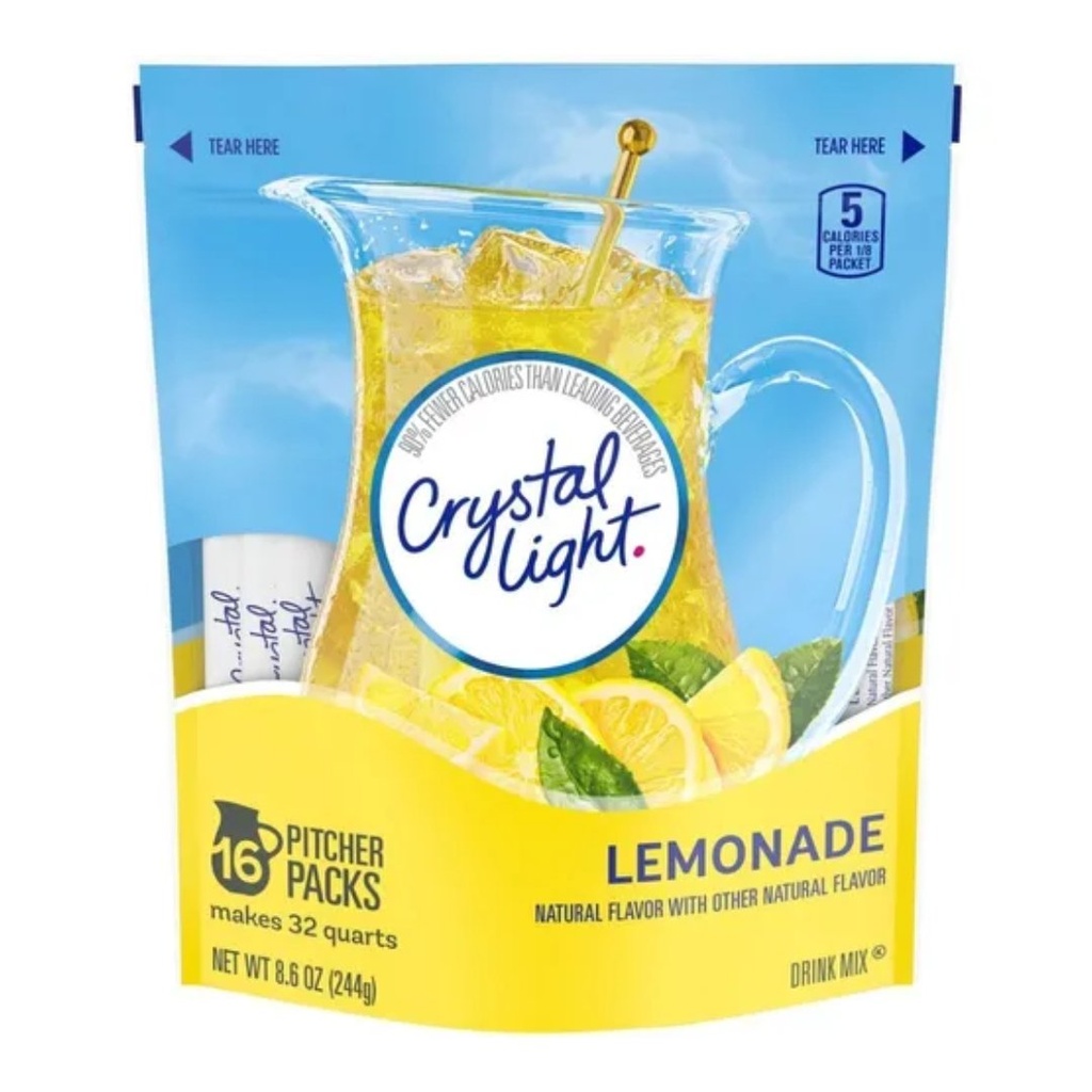 Mezcla Instantánea De Limonada En Polvo, Crystal Light / 16 Pack / 244g Menos Calorías