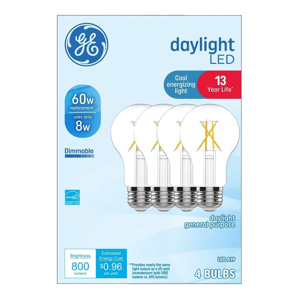 Bombillos LED De Luz Diurna GE / 60 W / A19 De Uso General - 800 Lúmenes / 4 Pack