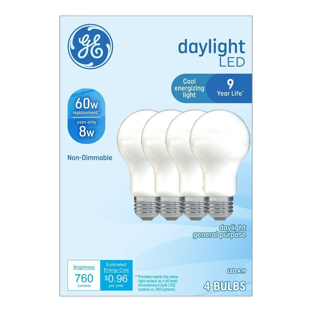 Bombillos LED De Luz Diurna GE / 60 W / A19 De Uso General - 760 Lúmenes / 4 Pack