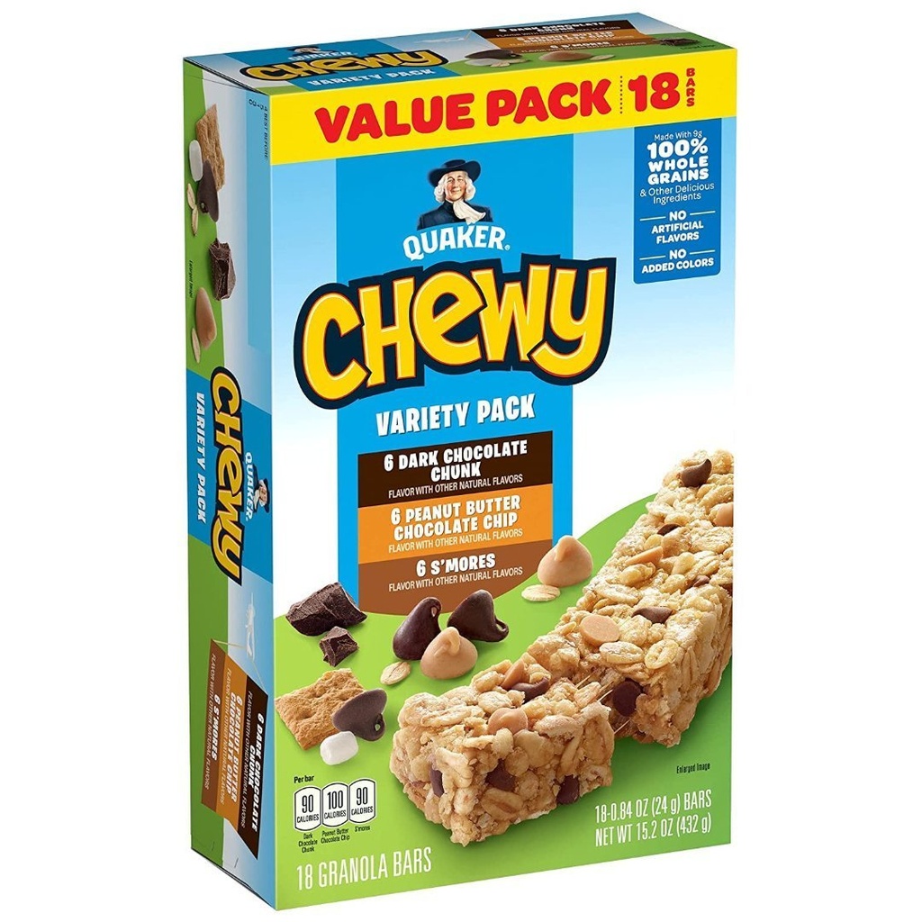 Barras De Granola Quaker Chewy Dipps Con Chispas De Chocolate Oscuro - Mantequilla De Maní y Chocolate - S´mores/ 18 Pack / 24g / 432g Total