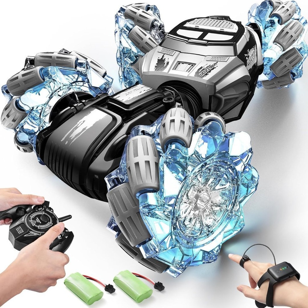 Auto De Acrobacias Con Control Remoto RC Con Reloj Controlado A Mano, Camión De Detección De Auto Rastreador 360° LED 1/16 4WD 12.5MPH / Color Gris