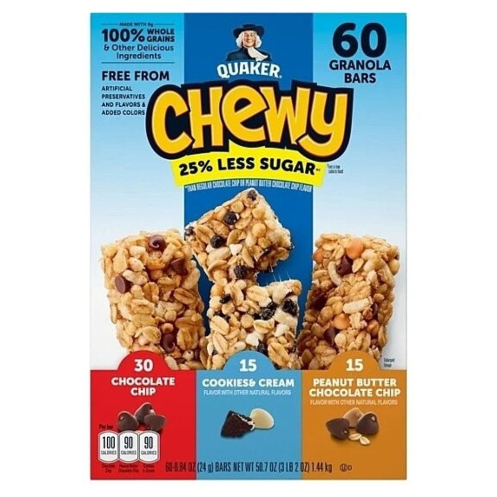Barras De Granola Chewy - Quaker 25% Menos Azúcar Sabores Variados / 60 Barras
