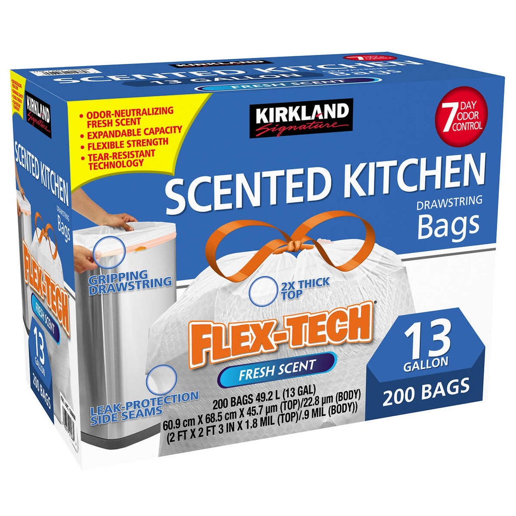 Kirkland Bolsas De Basura Flex-Tech Con Cinta De Amarre / 200 Pack / 49.2 L