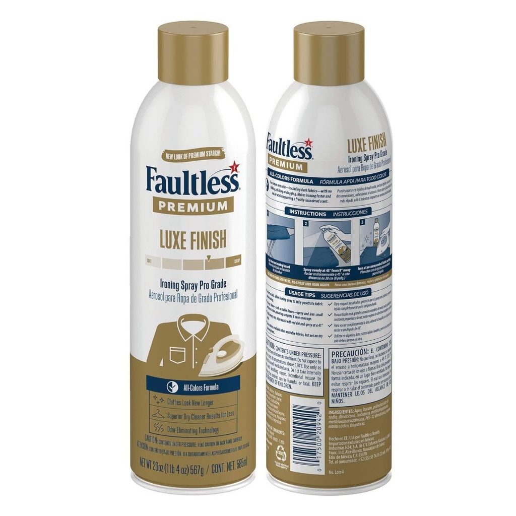 Almidón En Aerosol Luxe Finish - Grado Profesional - Reduce El Tiempo De Planchado / Fautless Premium / 585mL