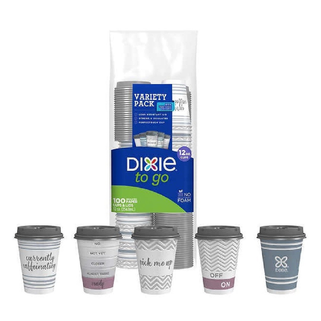 Vasos De Papel Dixie To Go Con Tapa, 12 oz / 100 Pack
