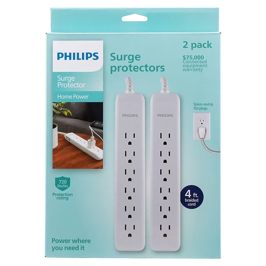 Philips Regleta Protectora De Sobretensiones 6 Tomas - Cable De Extensión Trenzado De 4 Pies - Enchufe Plano / 4 Pack