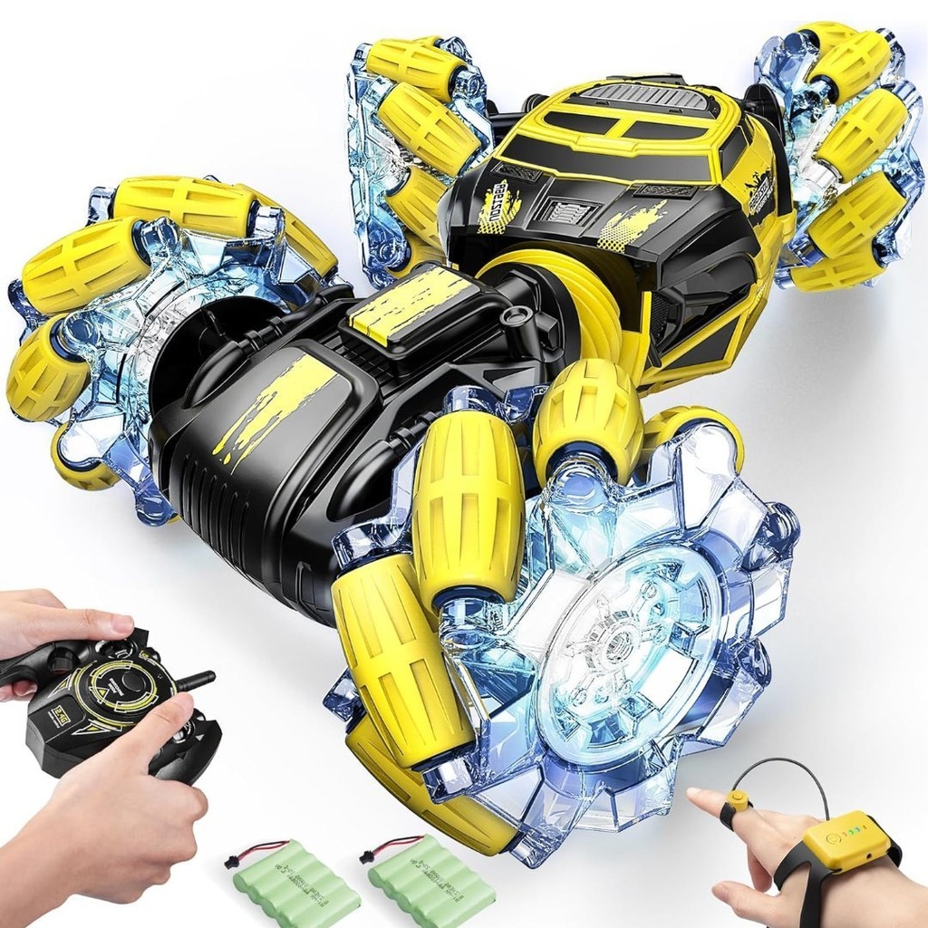 Auto De Acrobacias Con Control Remoto RC Con Reloj Controlado A Mano, Camión De Detección De Auto Rastreador 360° LED 1/16 4WD 12.5MPH / Color Amarillo