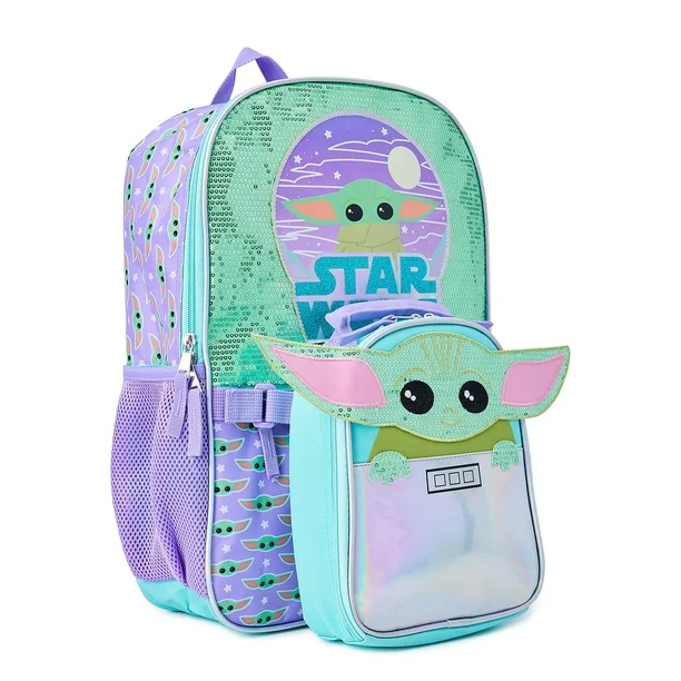 Bolso Escolar Star Wars Mandalorian Bebé Yoda + Lonchera / 2 Piezas / 17″ Para Portátil