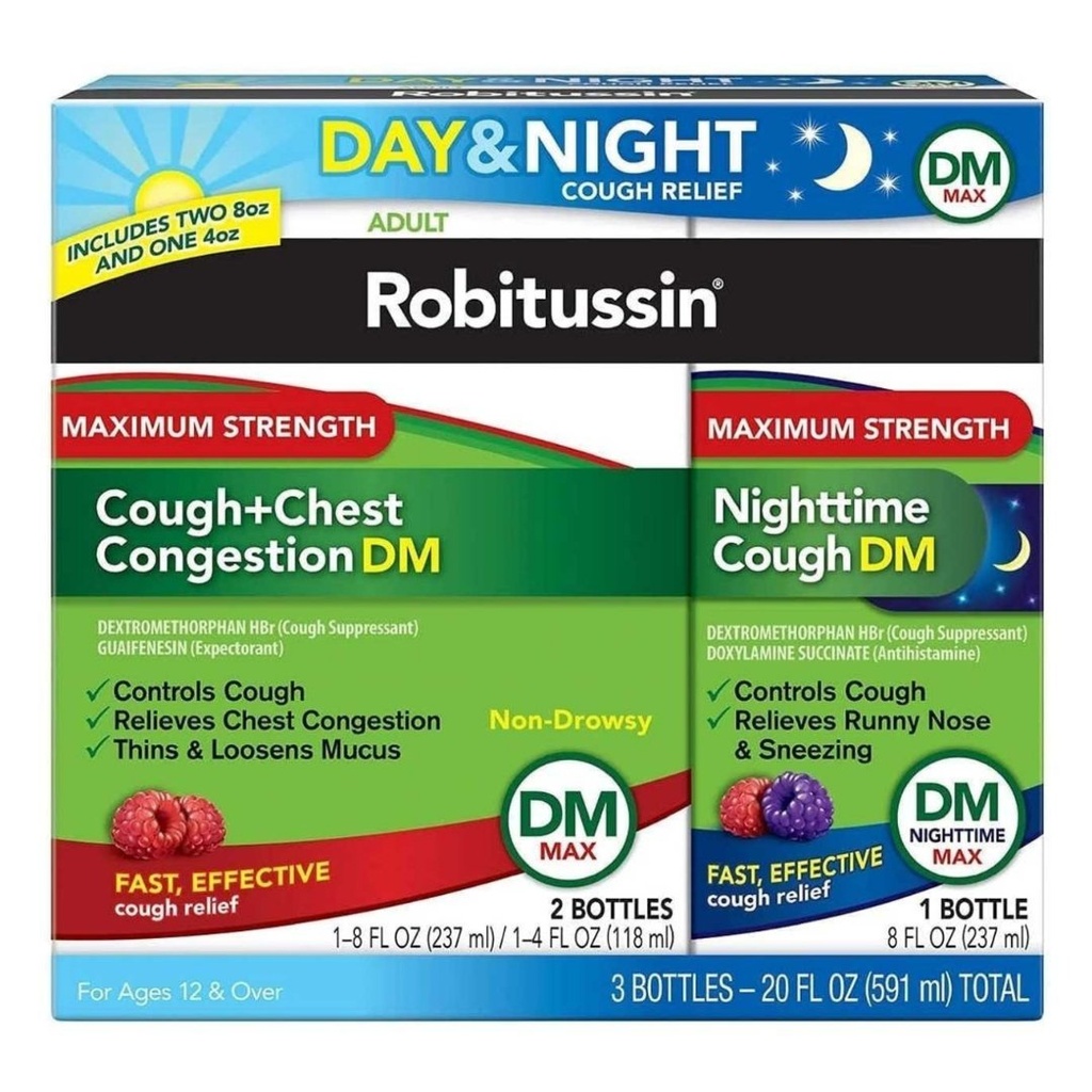 Jarabe Para Tos Y Gripe Día y Noche, Robitussin / 2 Pack 118ml Diurno / 1 Pack 237ml Nocturno
