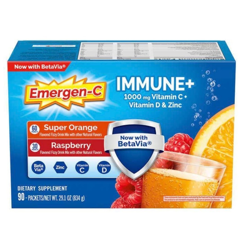 Emergen-C Immune + Vitamina C, D &amp; Zinc / Sabor Super Naranja Y Frambuesa / 90 Pack
