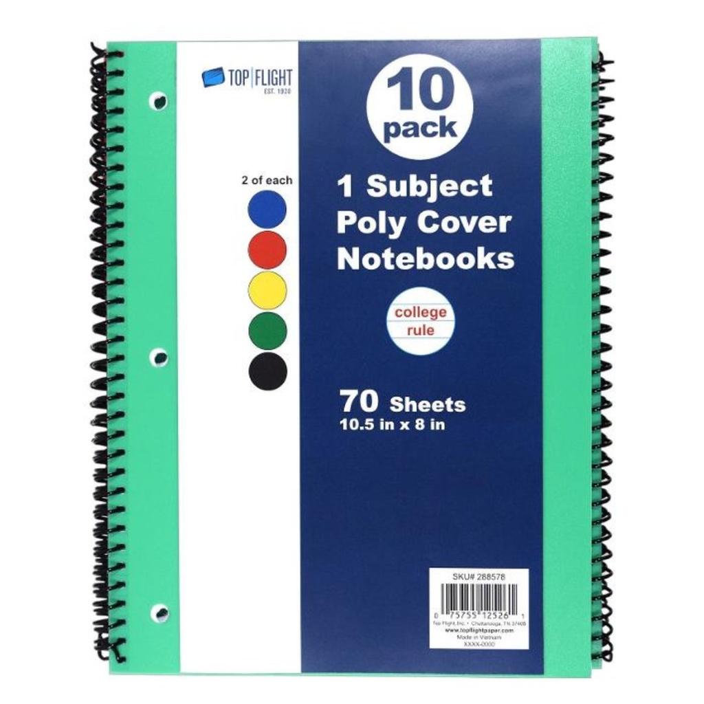Cuadernos De Tapa Dura De Una Materia Top Flight / 10 Pack / Colores Variados