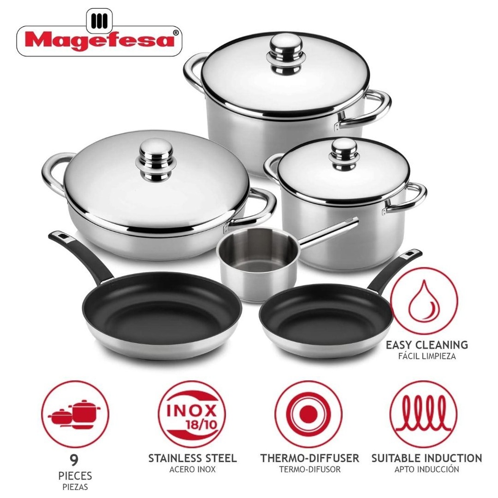Juego De Ollas Bateria Acero Inoxidable - Magefesa Family 9 / 9 Piezas