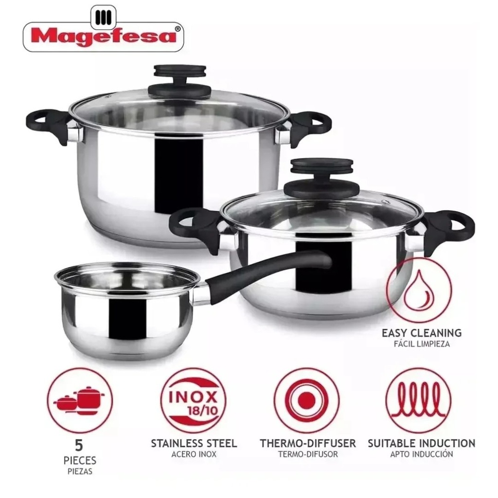 Juego De Ollas Bateria Acero Inoxidable - Magefesa Mod. Style / 5 Piezas