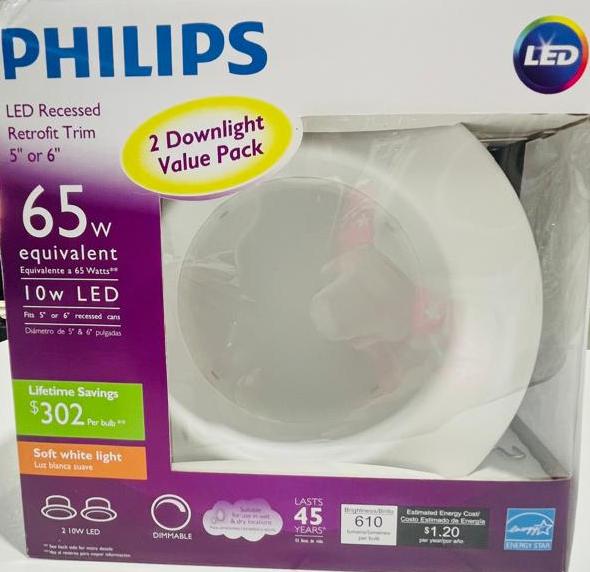 Philips LED Empotrado Retrofit Trim 5" o 6" 10w LED Paquete de 2 Downlight