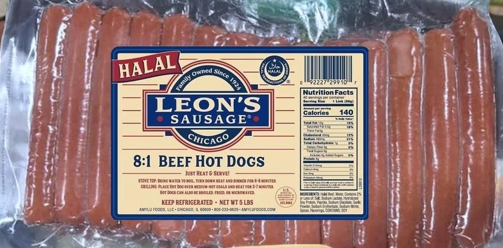 Salchicha De Carne Halal / Leon’s Sausage / 2.40 Kg / 40 Und