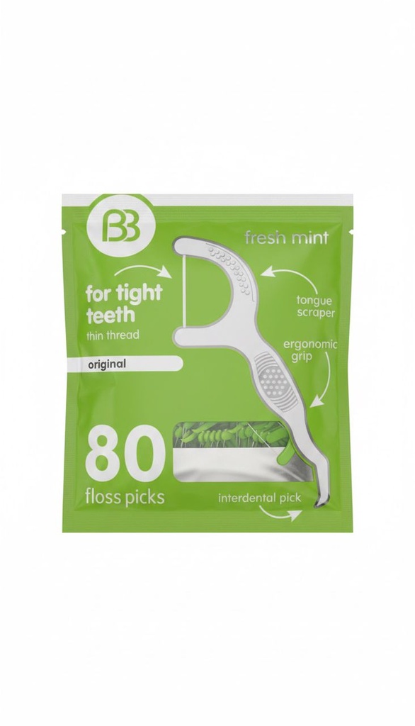 BB Hilo Dental Floss Picks Con Palillo Interdental Clásico Mint 3en1 / 80 Unidades