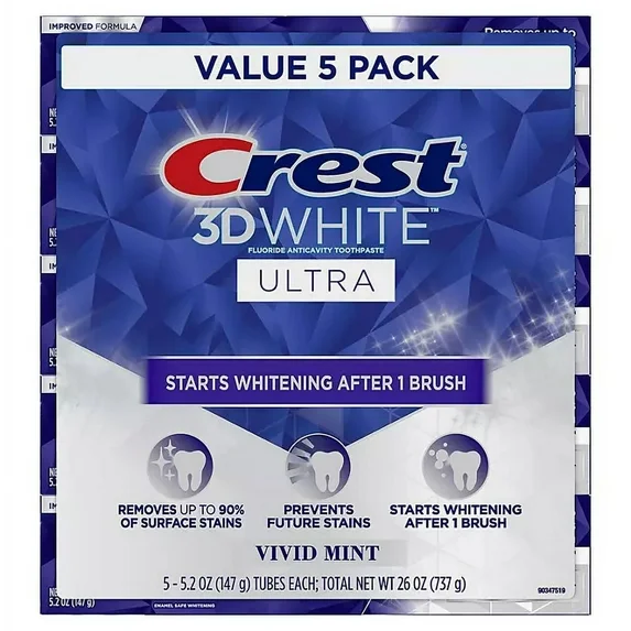 Crest Pasta Dental Ultra Blanqueadora 3d White Vivid Mint / Paquete De 5 / 147gr