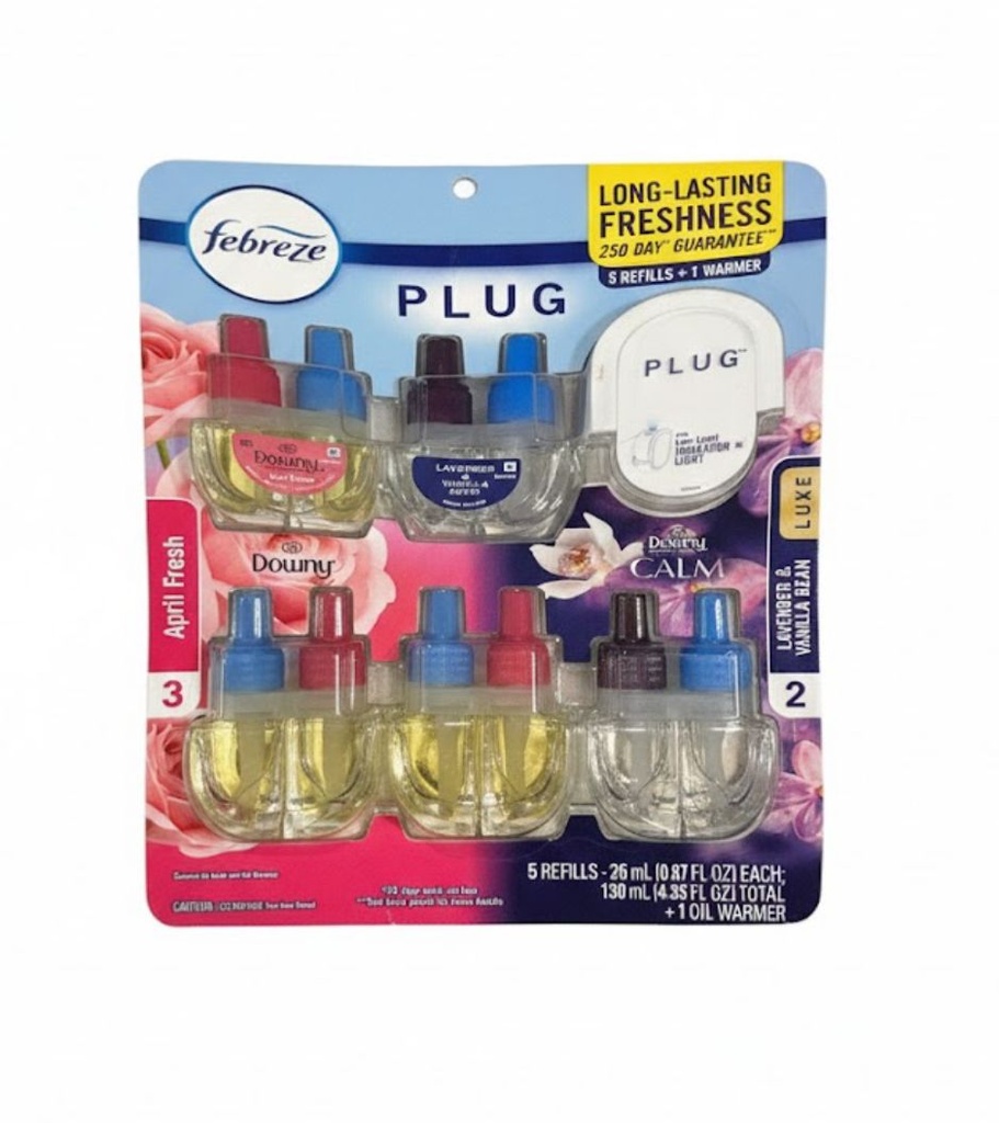 Febreze  Ambientador Eléctrico Recarga de Aceite + Calentador PLUG Downy Abril Fresco y Lavanda Vainilla Frijol 5 unidades