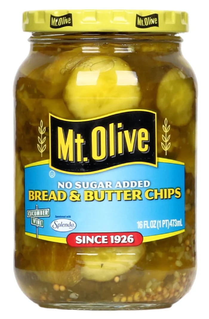 Mt. Olive Chips de pan y mantequilla, sin azúcar añadido / 473Gr.