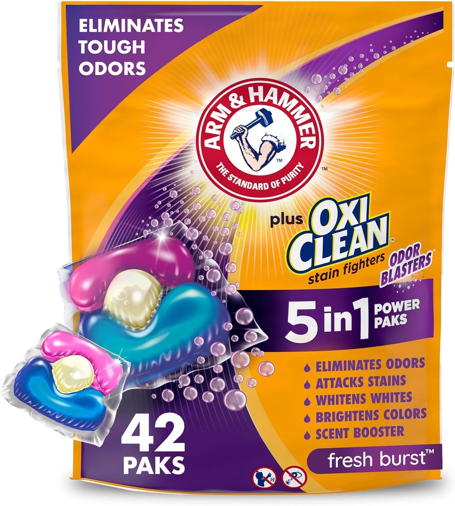 Arm &amp; Hammer Plus OxiClean 5 en 1 Detergente Para Ropa  Con Pistola De Olores Aroma Fresh Burst / 42 unidades