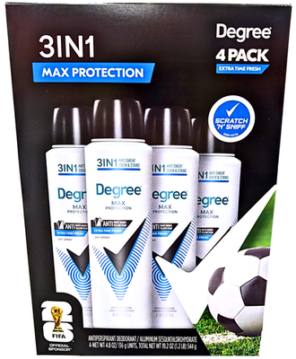 Degree Desodorante En Spray De Máxima Protección 3 En 1 Para Hombre / 4 Pack
