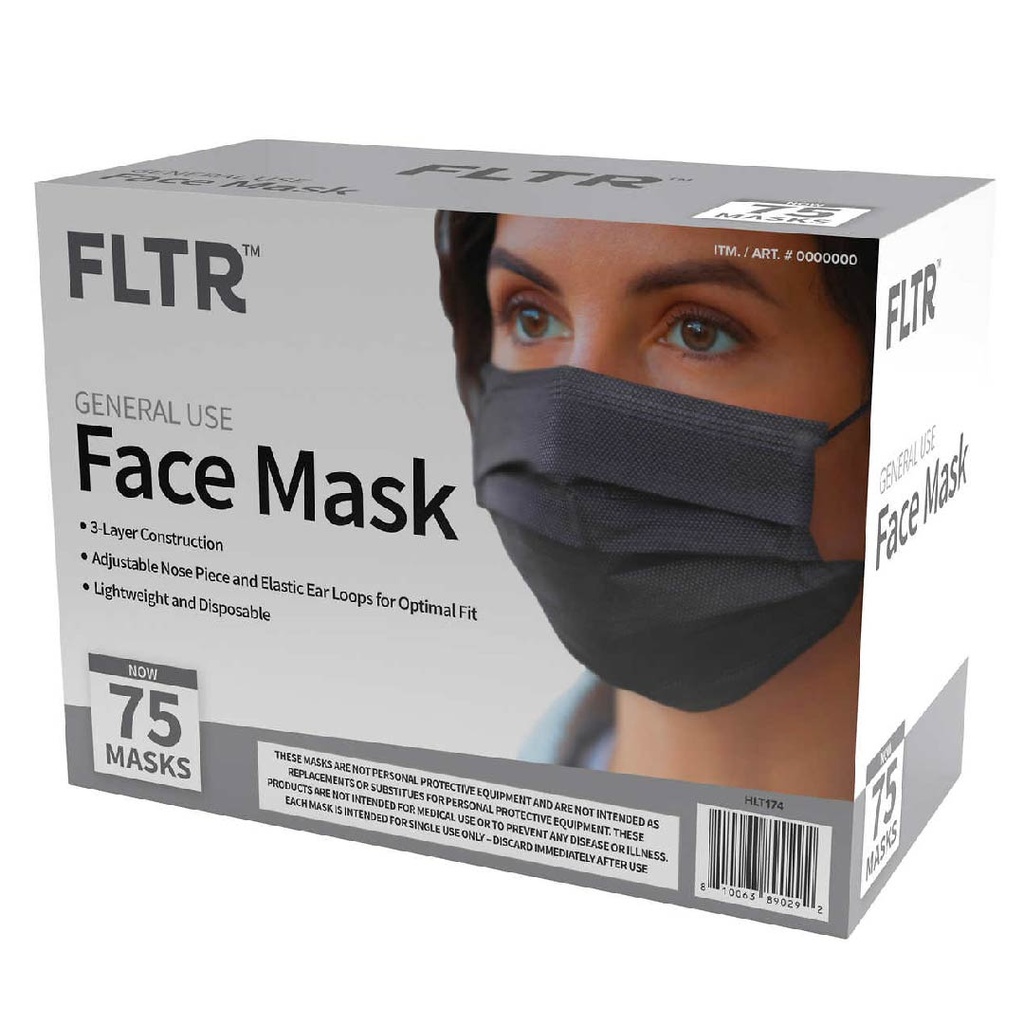 Mascarilla De Uso General, FLTR / 75 Pack / Color Negro