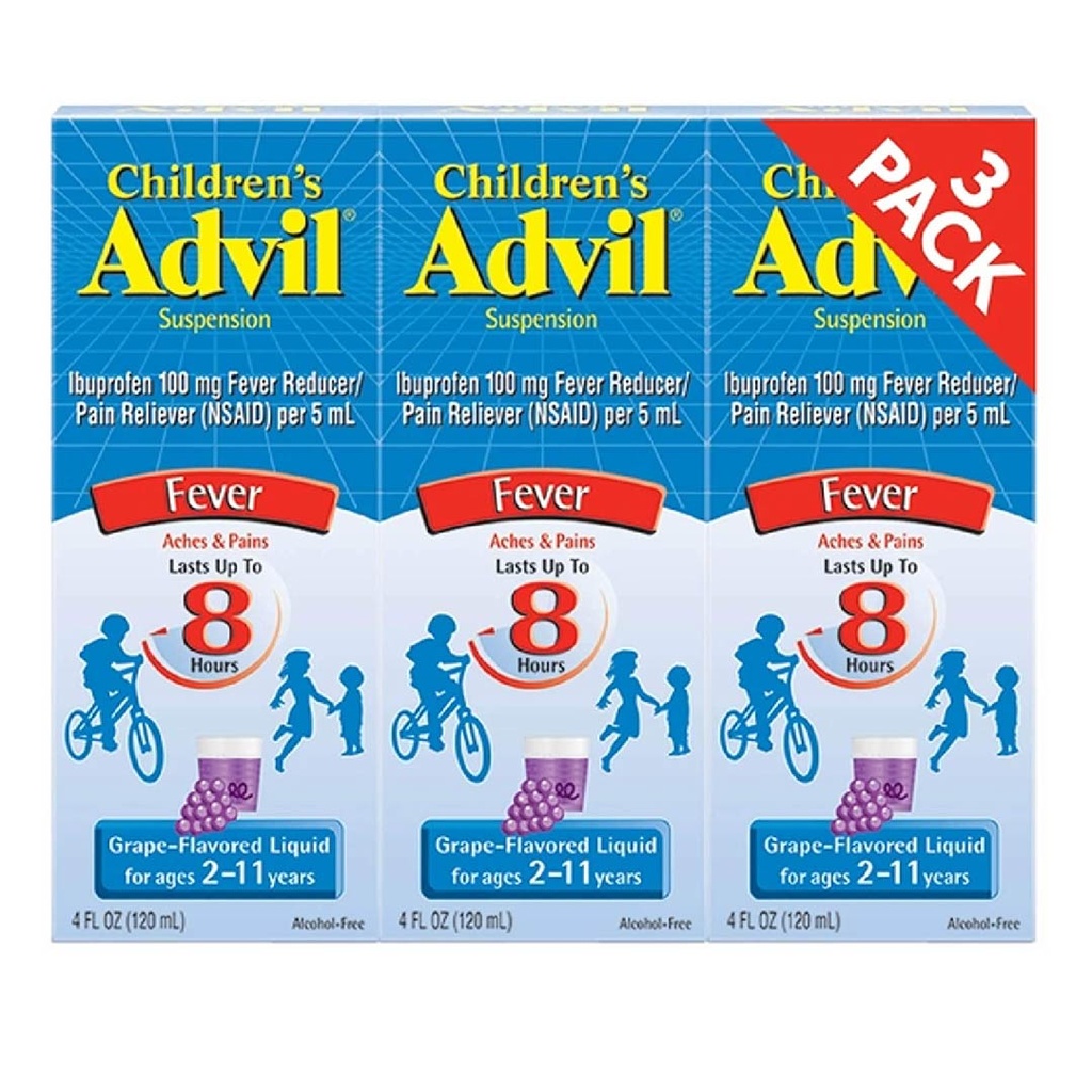 Advil Children´s Suspensión Ibuprofeno 100 mg Para Niños de 2 a 11 años Sabor a Uva, 3 Pack / 120ml