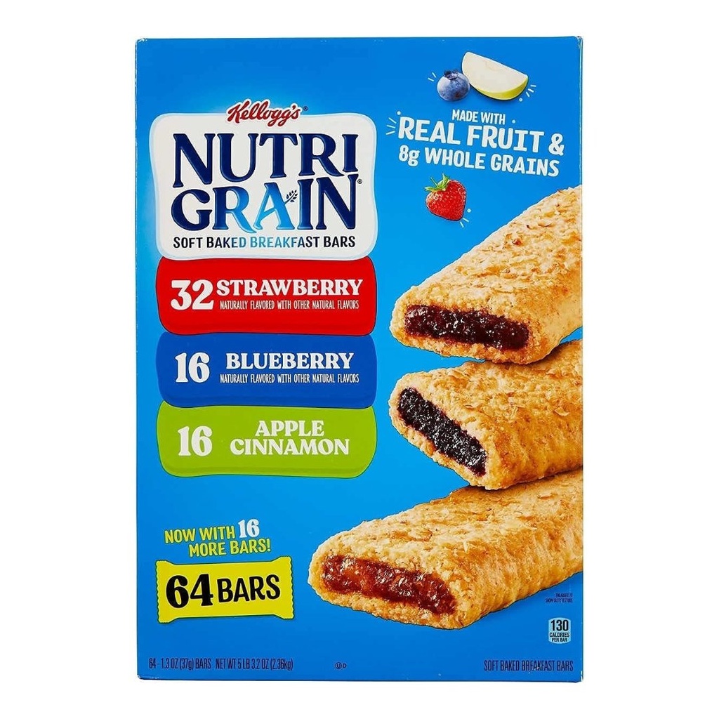 Barras Nutri-Grain | Fresa | Manzana Canela | Arándano, Kellogg's / 64 Pack / 37g / 2.36 Kg