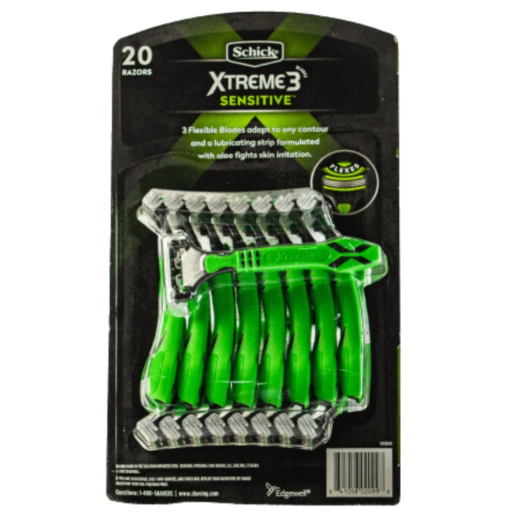 Afeitadora Desechables Schick Xtreme - Juego de 3 Cuchillas Flexibles Para Pieles Sensibles, 20 Pack